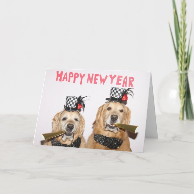 Golden Retriever Neue Jahre Hörner Karte (Vorderseite)