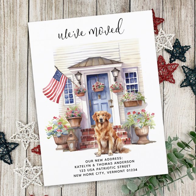 Golden Retriever Patriotic Custom Pet Dog Moving Ankündigungspostkarte (Von Creator hochgeladen)