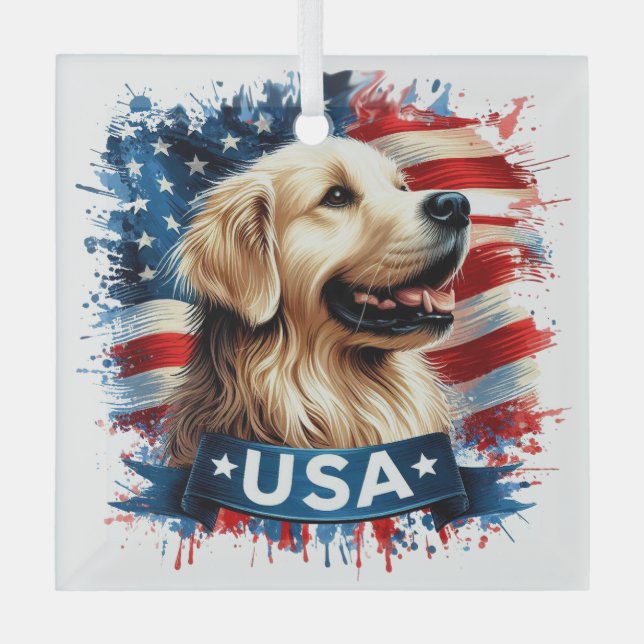 Golden Retriever Patriotic Glass Ornament (Vorderseite)