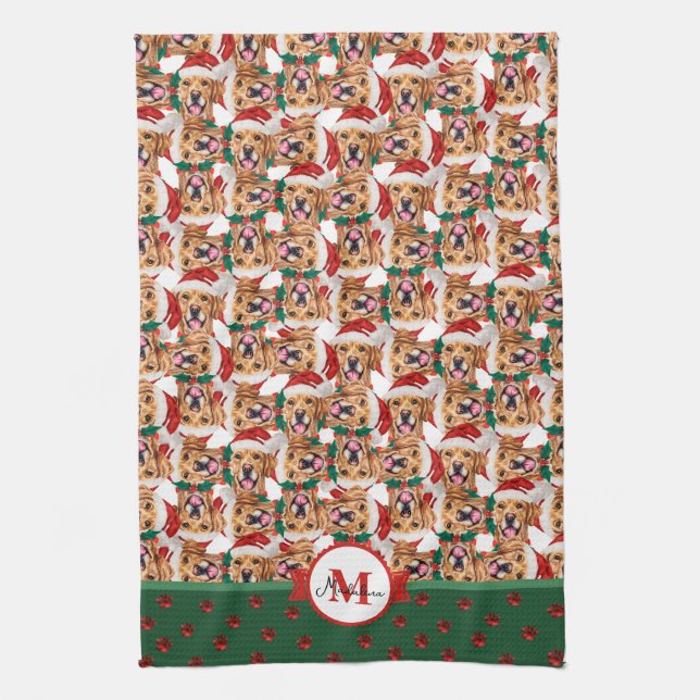 Golden Retriever Pattern Monogram Weihnachtshund Geschirrtuch (Vertikal)