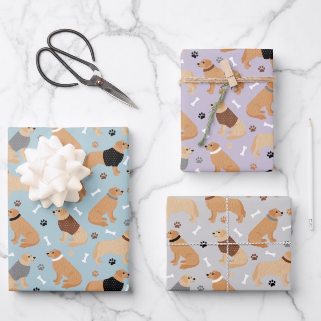 Golden Retriever Paws and Dog Bones Wrapping Paper Geschenkpapier Set (Vorderseite)