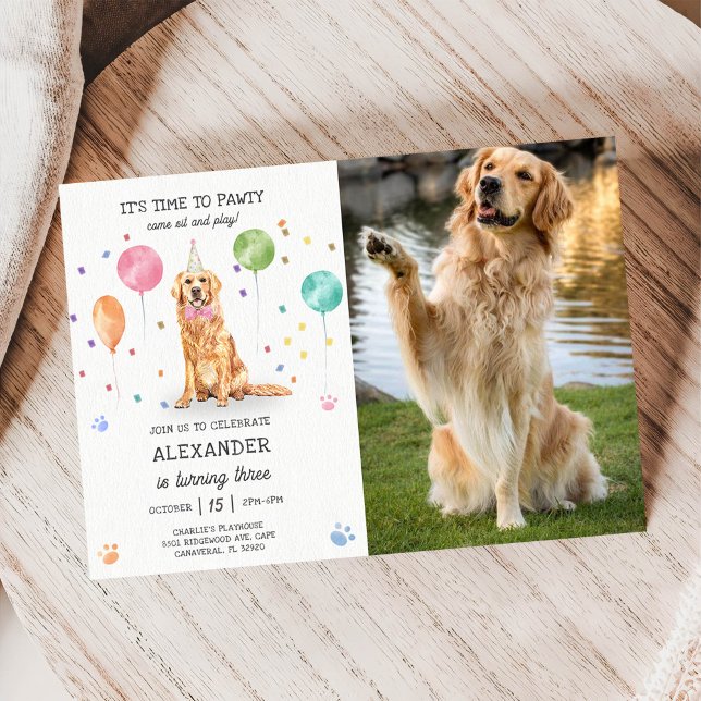 Golden Retriever Pawty Doppy Welpe Birthday Blue Einladung (Von Creator hochgeladen)