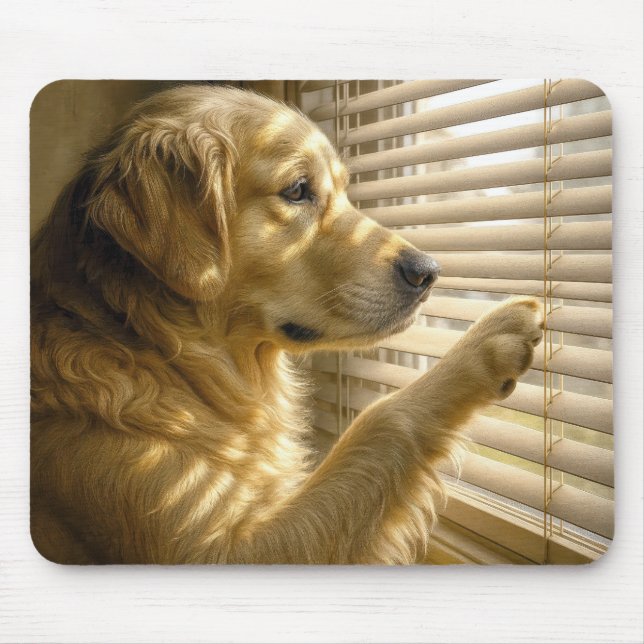 Golden Retriever Peeking Through Sunlit Blinds Mousepad (Vorne)