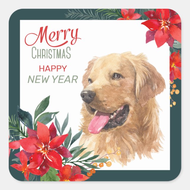 Golden Retriever Poinsettia Bouquet Quadratischer Aufkleber (Vorderseite)