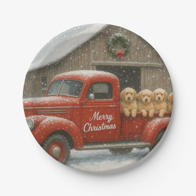 Golden Retriever Puppies in an old truck Christmas Pappteller (Vorderseite)
