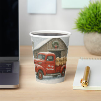 Golden Retriever Puppies in Truck Christmas Card Pappbecher
