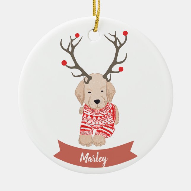 Golden Retriever Puppy Deer Antler Personalisiert Keramik Ornament (Vorne)