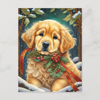 Golden Retriever Puppy Festive Holly Feiertagspostkarte