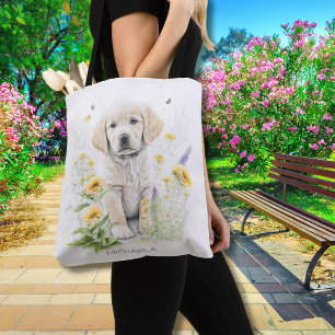 Golden Retriever Puppy Florals Monogram Name Tasche