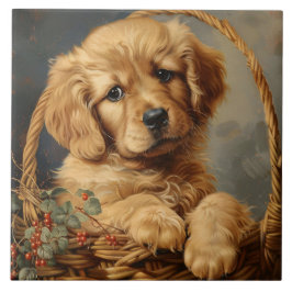 Golden Retriever Puppy in einem Korb Fliese