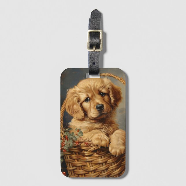 Golden Retriever Puppy in einem Korb Gepäckanhänger (Vorderseite Vertikal)