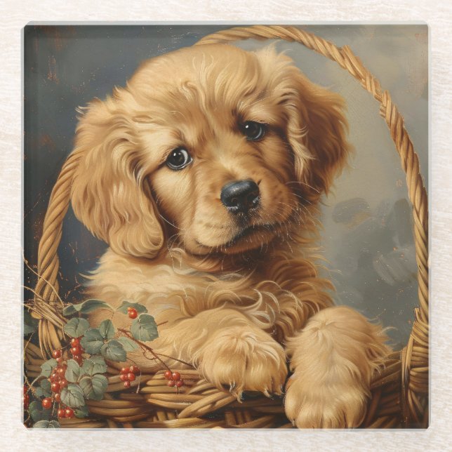 Golden Retriever Puppy in einem Korb Glasuntersetzer (Vorderseite)