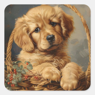 Golden Retriever Puppy in einem Korb Quadratischer Aufkleber