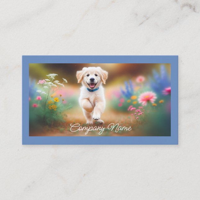 Golden Retriever Puppy läuft in Blume Visitenkarte (Vorderseite)