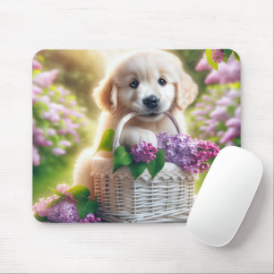 Golden Retriever Puppy mit Lilac-Körbchen Mousepad