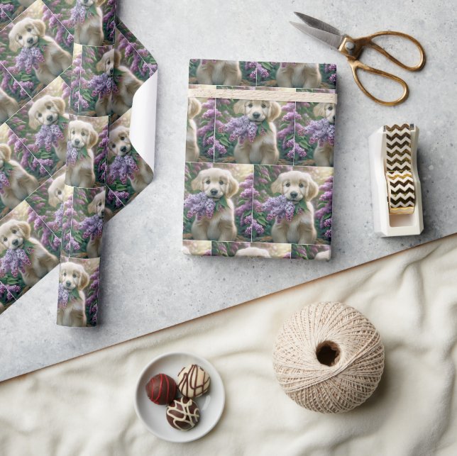 Golden Retriever Puppy mit Lilacs Geschenkpapier (Kunsthandwerk)