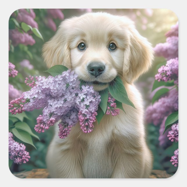 Golden Retriever Puppy mit Lilacs Quadratischer Aufkleber (Vorderseite)