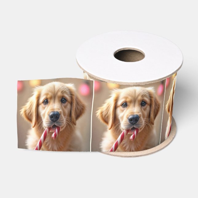 Golden Retriever Puppy With a Candy Cane Ripsband (Spule)