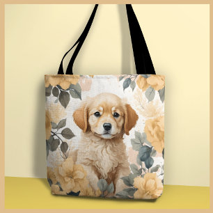 Golden Retriever Puppy Yellow Flowers Tasche