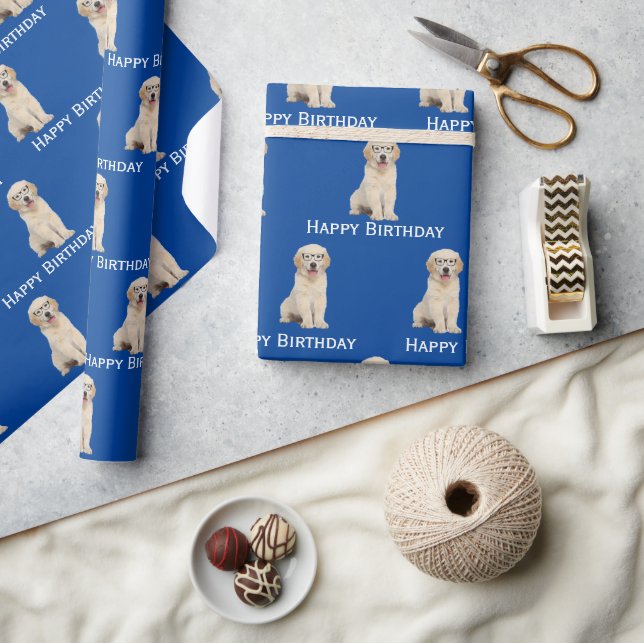 Golden Retriever Puppy zum Geburtstag mit Brille Geschenkpapier (Kunsthandwerk)
