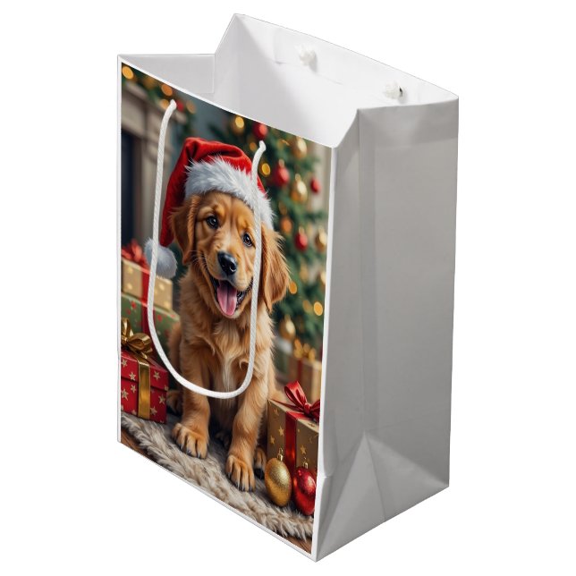 Golden Retriever Puppy's First Christmas Festive Mittlere Geschenktüte (Vorderseite Schrägansicht)