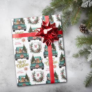 Golden Retriever Retro-LKW-Monogramm Weihnachten Geschenkpapier