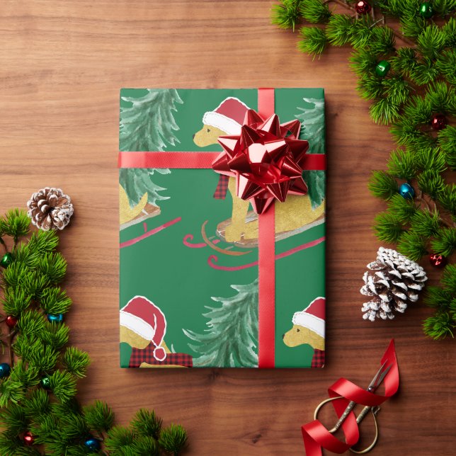 Golden Retriever Riding Xmas Tree Green Schlitten Geschenkpapier (Feiertagsgeschenk)