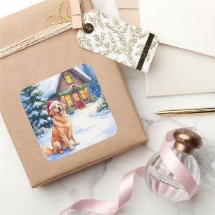 Golden Retriever Rustic Cabin Santa Hut Weihnachte Quadratischer Aufkleber