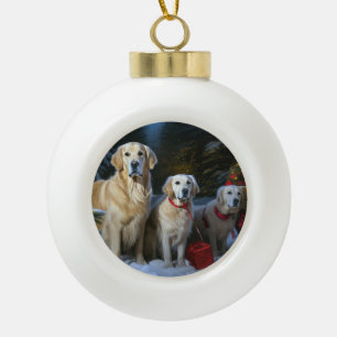 Golden Retriever Schnee-Schlitten Weihnachtsdekora Keramik Kugel-Ornament