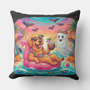 Golden Retriever schwimmt auf rosa Flamingo Hallow Kissen