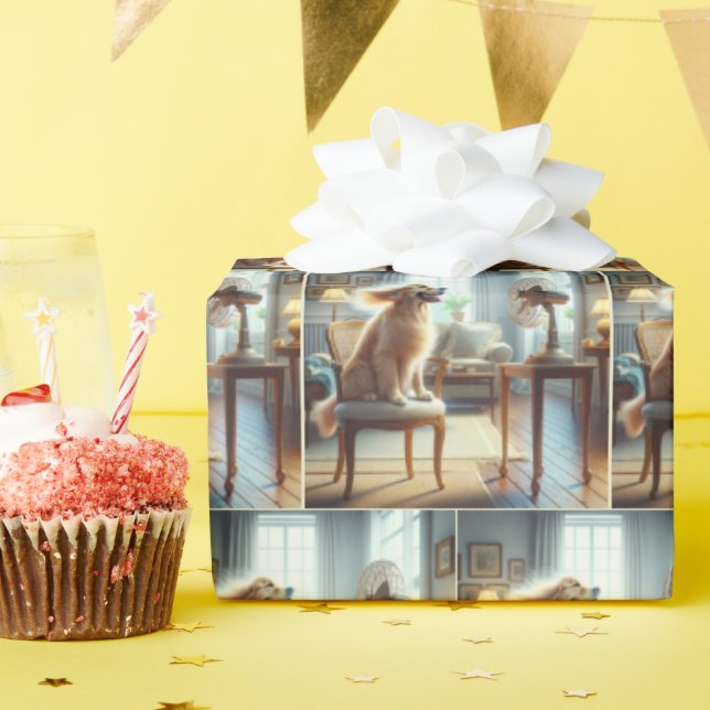Golden Retriever sitzend vor dem Lüfter Geschenkpapier (Geburtstagsparty)