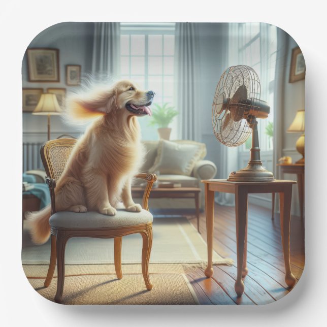 Golden Retriever sitzend vor dem Lüfter Pappteller (Vorderseite)