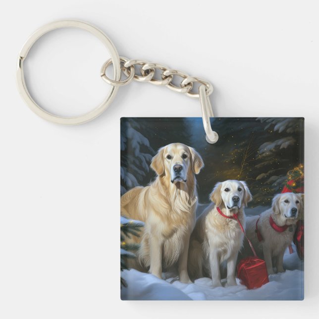 Golden Retriever Snowy Sleigh Weihnachtsdekor Schlüsselanhänger (Vorderseite)