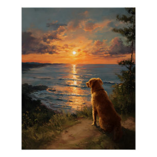 Golden Retriever Sonnenuntergang Ozeanblick Kunst Poster