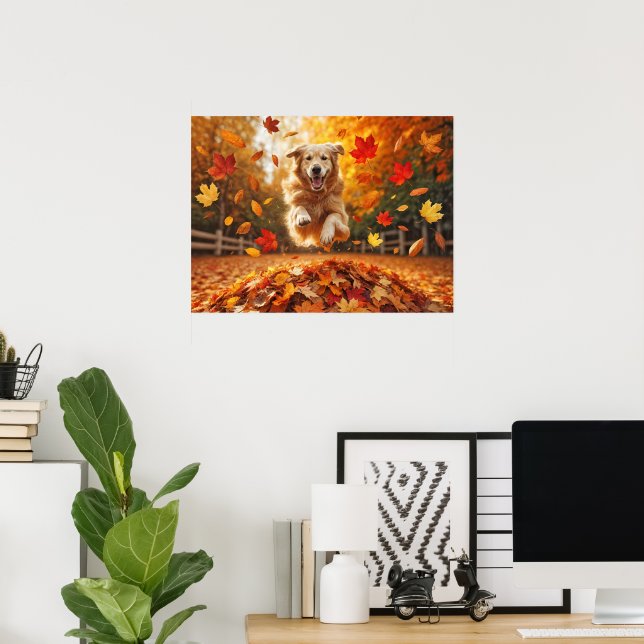 Golden Retriever springt in Leaf Pile Poster (Heimbüro)