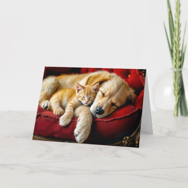 Golden Retriever und Gold Kitten Schlafen Karte (Vorderseite)