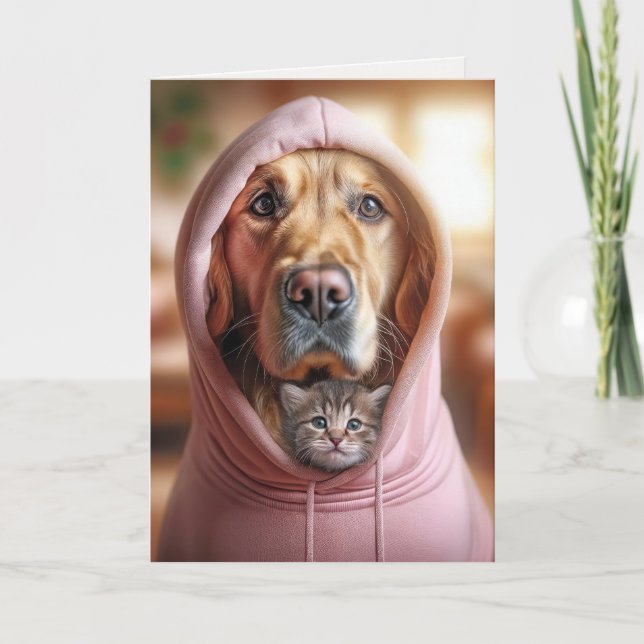 Golden Retriever und Kitten in Hoodie Karte (Vorderseite)