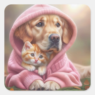 Golden Retriever und Kitten in Pink Hoodie Quadratischer Aufkleber