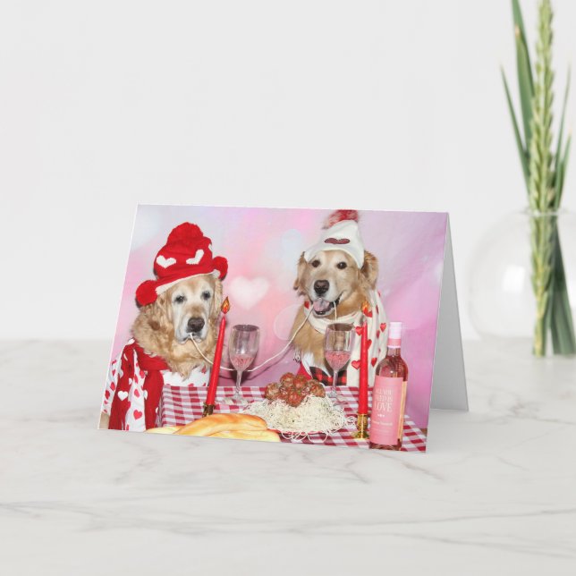 Golden Retriever Valentine Sharing Spaghetti Karte (Vorderseite)