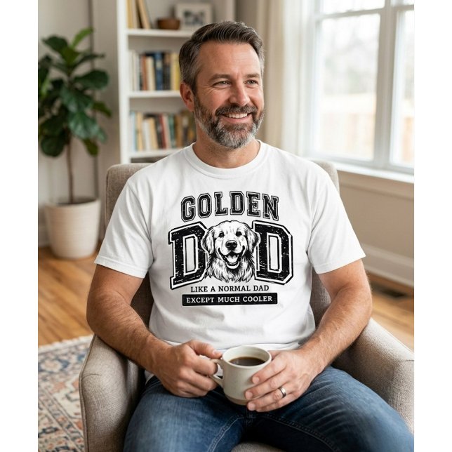 Golden Retriever Vater T-Shirt (Man in white Golden Dad shirt holding mug; personalized Golden Retriever Father's Day gift mockup.)