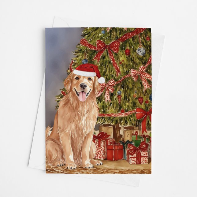 Golden Retriever Wasserfarbe Unter Weihnachtsbaum Karte (Von Creator hochgeladen)