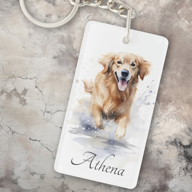 Golden retriever watercolor custom name text schlüsselanhänger (Golden retriever watercolor custom name text keychain)