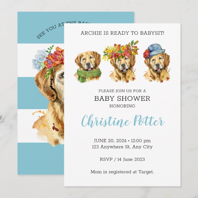 Golden Retriever Watercolor Kinderdusche Einladung (Vorne/Hinten)
