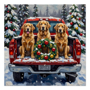 Golden Retriever Weihnachten Rotes Lastwagen Ferie Poster
