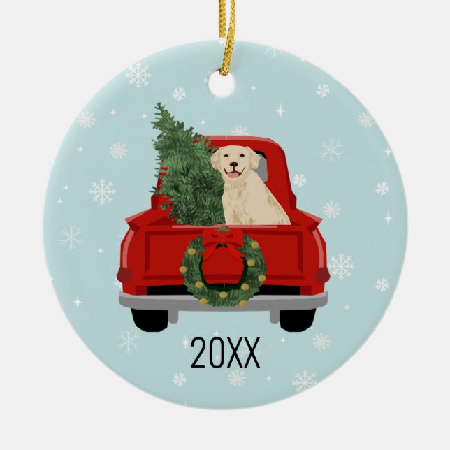 Golden Retriever Weihnachts Red Truck Keramik Ornament (Vorne)