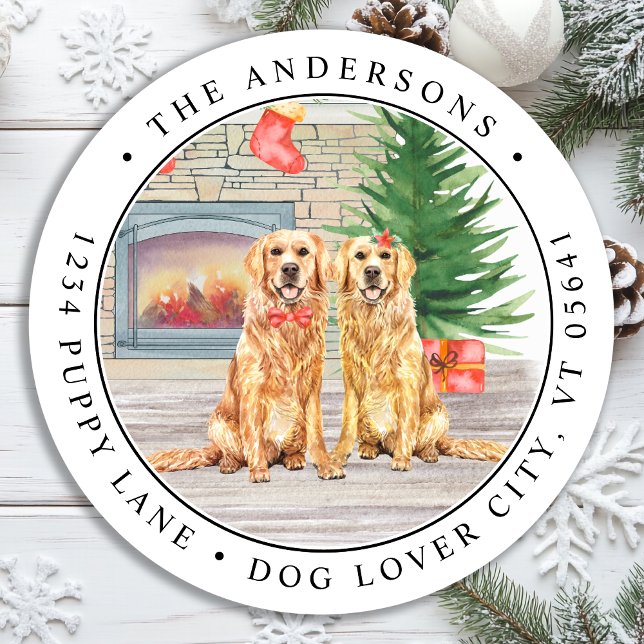Golden Retriever Weihnachtshunde Rücksendeadresse Runder Aufkleber (Von Creator hochgeladen)