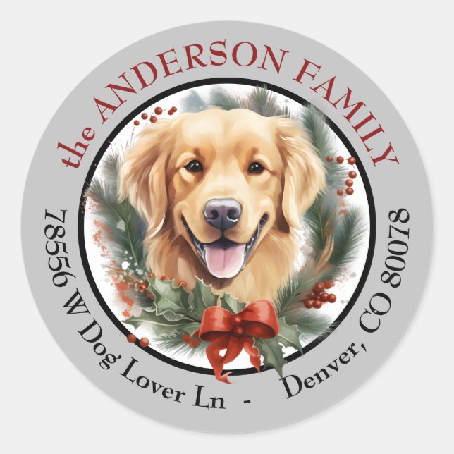 Golden Retriever Weihnachtskranz-Rücksendeadresse Runder Aufkleber (Vorderseite)
