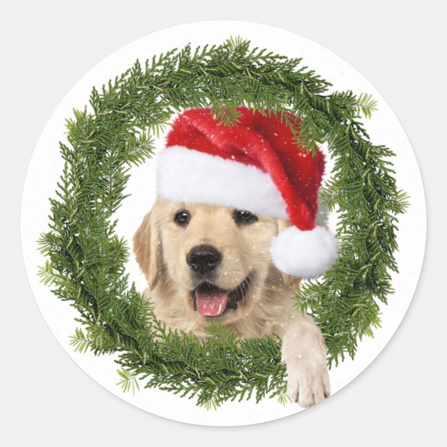 Golden Retriever Weihnachtskranz Runder Aufkleber (Vorderseite)