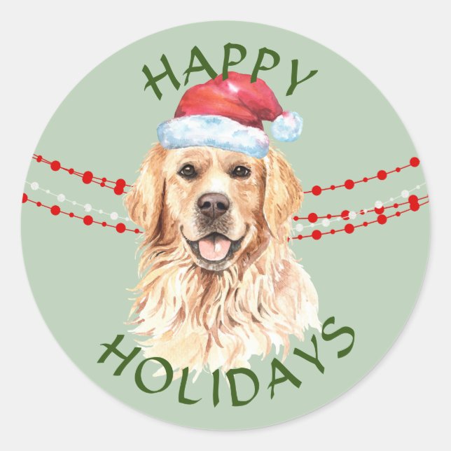 Golden Retriever Weihnachtsmannmütze Happy Holiday Runder Aufkleber (Vorderseite)