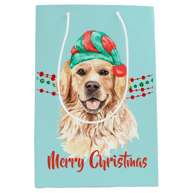 Golden Retriever Weihnachtsmannmütze Holiday Strin Mittlere Geschenktüte (Vorderseite)